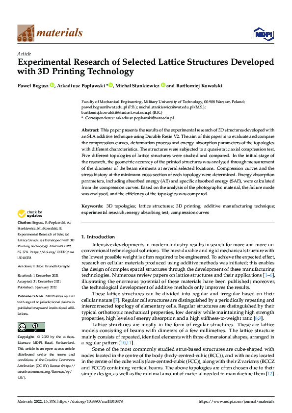 (PDF) Experimental Research of Selected Lattice Structures Developed ...