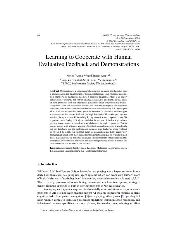 (PDF) Learning to Cooperate with Human Evaluative Feedback and ...