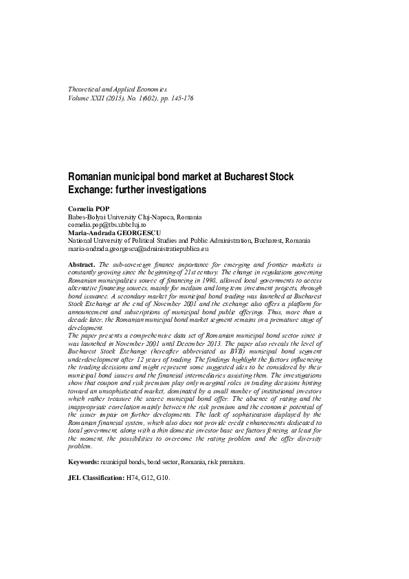 Romanian municipal bond market at Bucharest Stock Exchange: further investigations