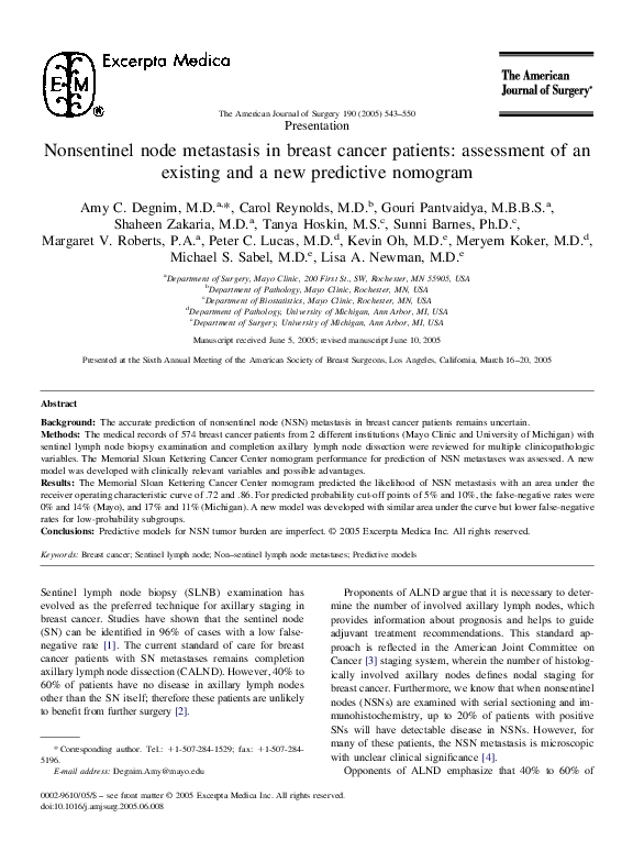 (PDF) Nonsentinel node metastasis in breast cancer patients: assessment ...