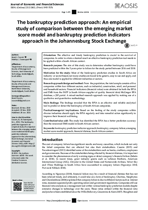 (PDF) The bankruptcy prediction approach: An empirical study of ...