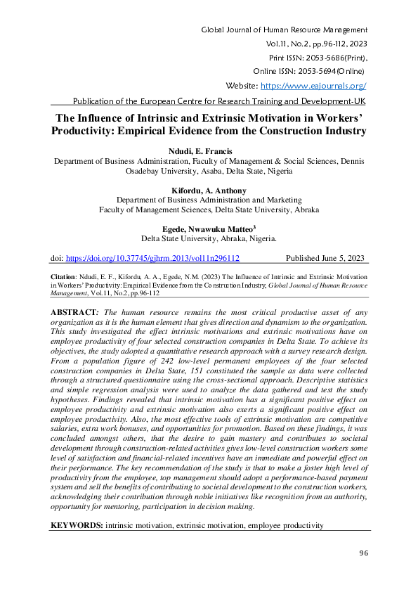 (PDF) The Influence of Intrinsic and Extrinsic Motivation in Workers ...
