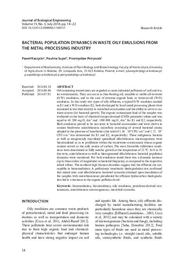 (PDF) Bacterial Population Dynamics in Waste Oily Emulsions from the ...