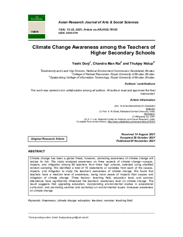 (PDF) Climate Change Awareness among the Teachers of Higher Secondary ...