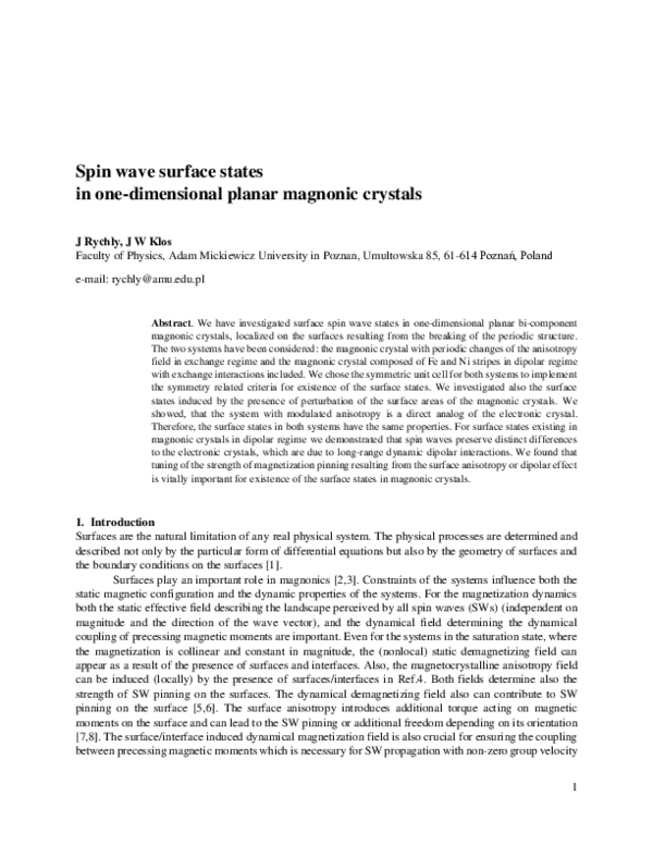 (PDF) Spin wave surface states in 1D planar magnonic crystals