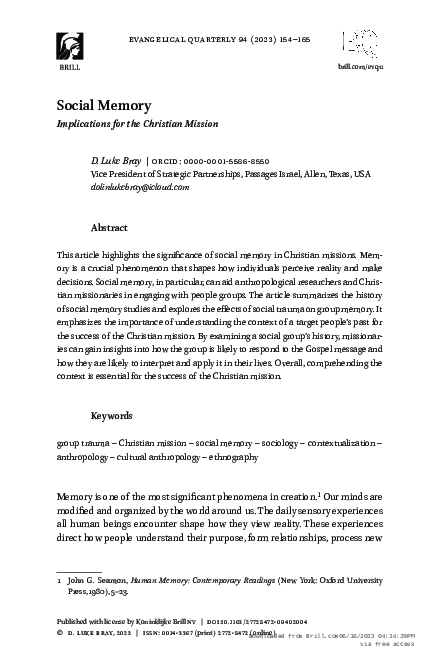(PDF) Social Memory: Implications for the Christian Mission
