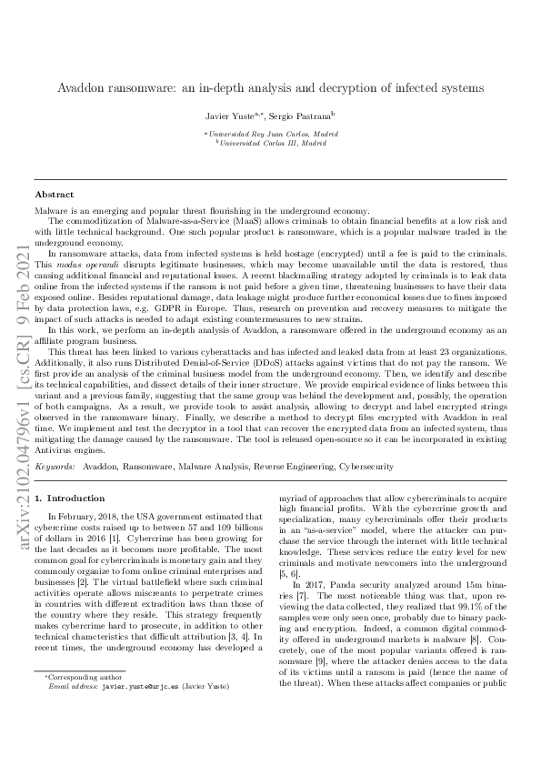(PDF) Avaddon ransomware: An in-depth analysis and decryption of ...