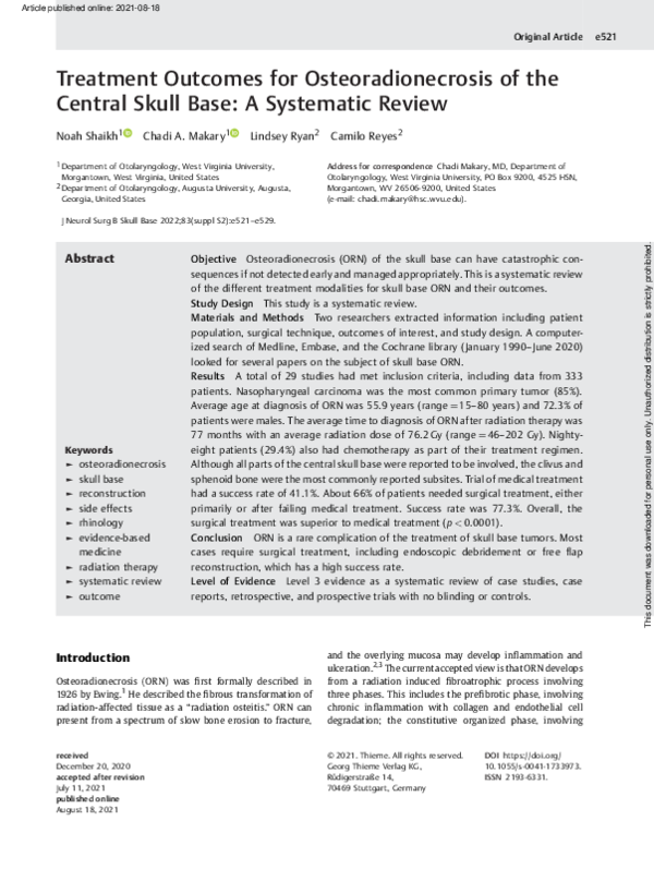(PDF) Treatment Outcomes for Osteoradionecrosis of the Central Skull ...