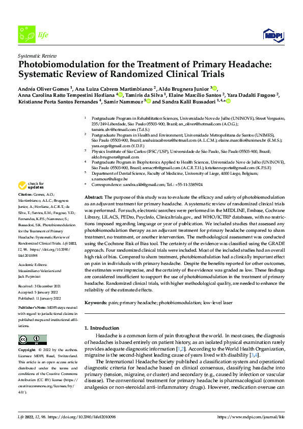 (PDF) Photobiomodulation for the Treatment of Primary Headache ...