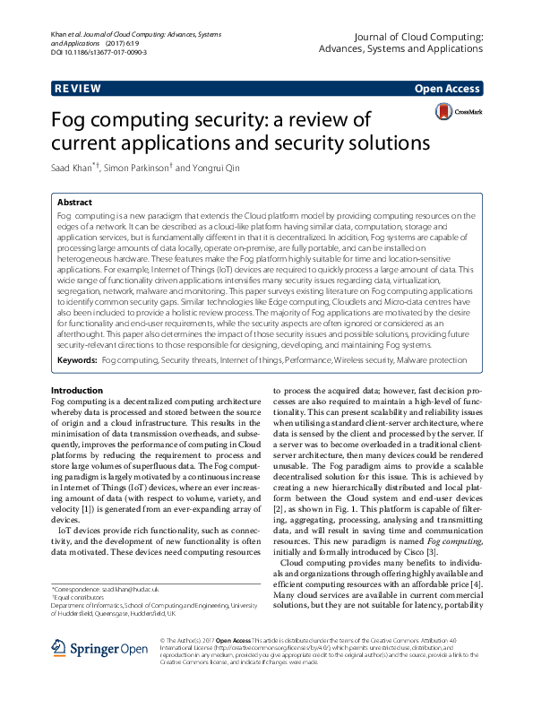 (PDF) Fog computing security: a review of current applications and ...