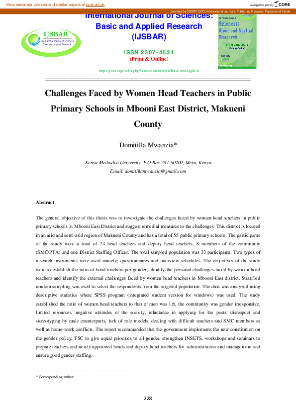 (PDF) Challenges Faced by Women Head Teachers in Public Primary Schools ...
