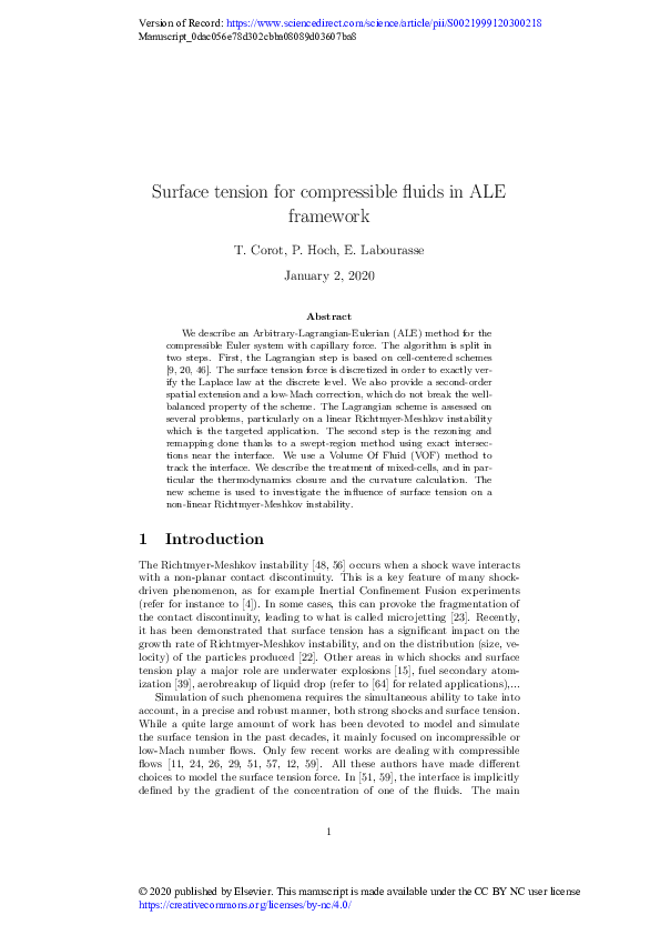 (PDF) Surface tension for compressible fluids in ALE framework