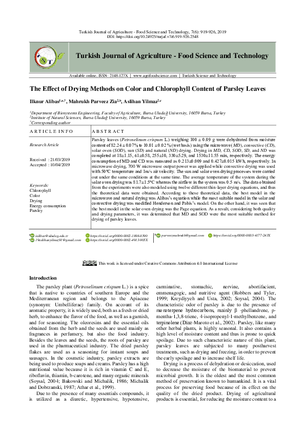 (PDF) The Effect of Drying Methods on Color and Chlorophyll Content of ...