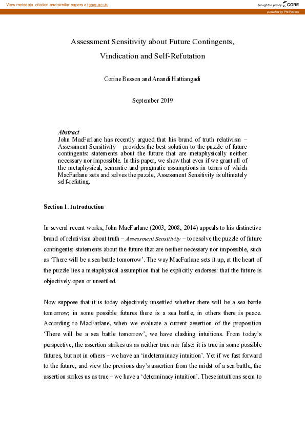 (PDF) Assessment Sensitivity about Future Contingents, Vindication and ...