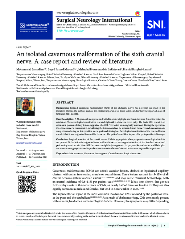 (PDF) An isolated cavernous malformation of the sixth cranial nerve: A ...