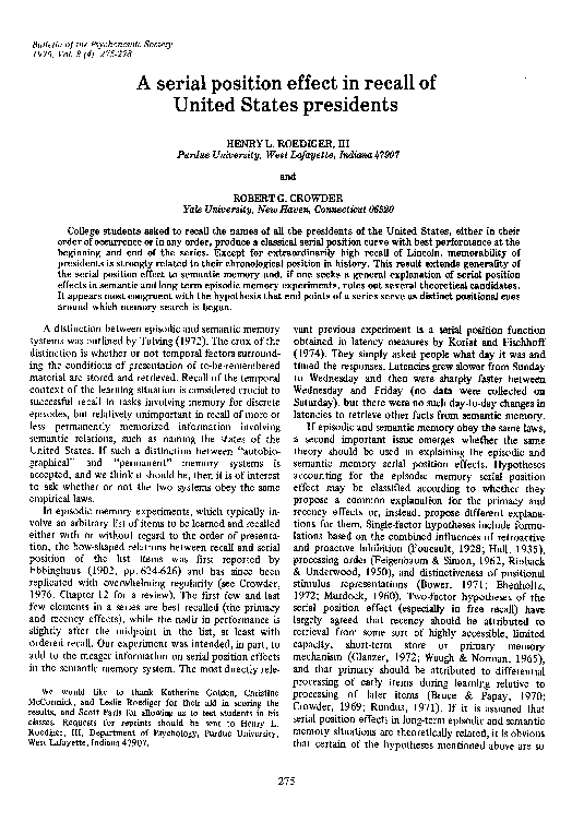 (PDF) A serial position effect in recall of United States presidents