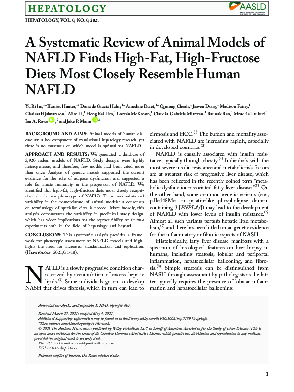(PDF) A Systematic Review of Animal Models of NAFLD Finds High‐Fat