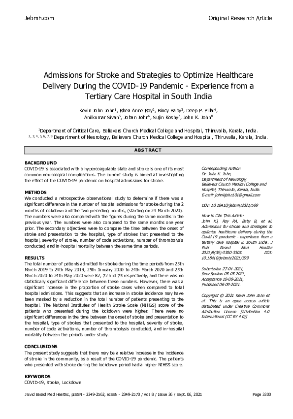 Admissions for Stroke and Strategies to Optimize Healthcare Delivery During the COVID-19 Pandemic - Experience from a Tertiary Care Hospital in South India