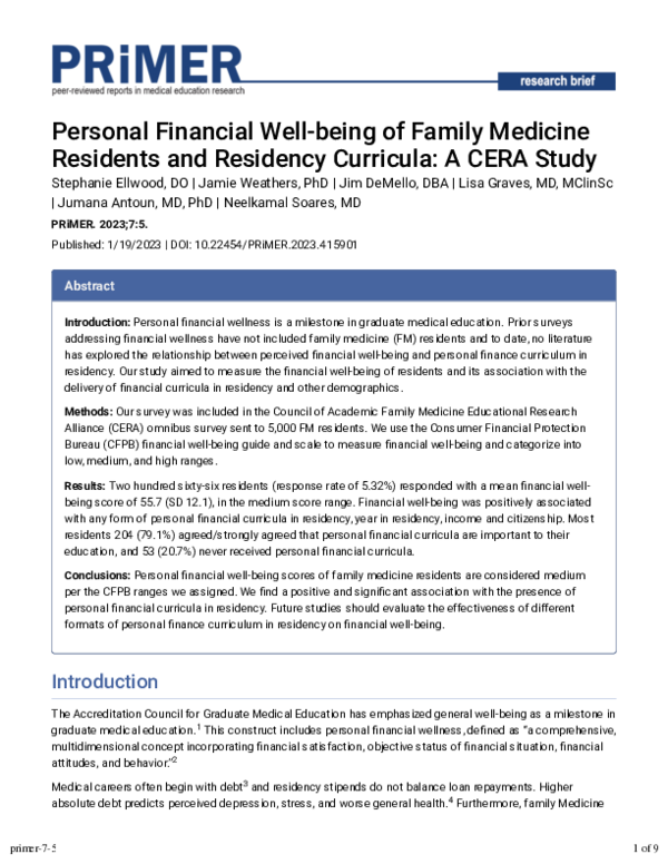 (PDF) Personal Financial Well-being of Family Medicine Residents and ...