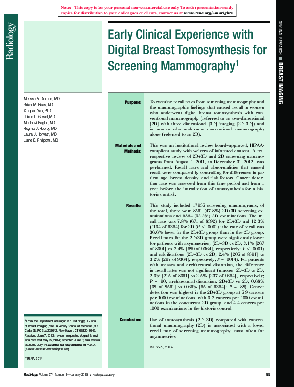 (PDF) Early Clinical Experience with Digital Breast Tomosynthesis for ...