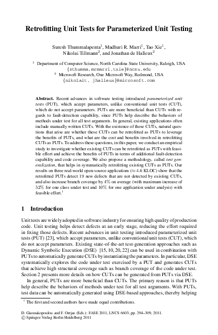 (PDF) Retrofitting Unit Tests for Parameterized Unit Testing