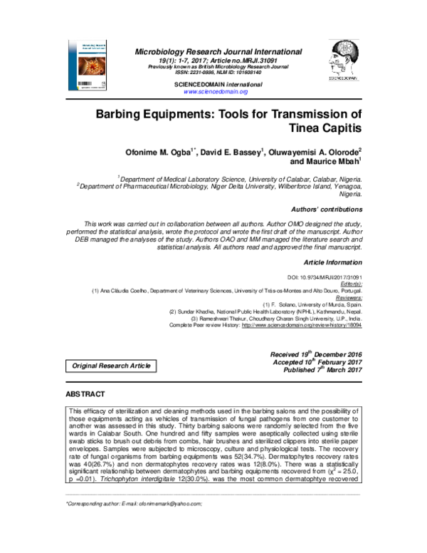 (PDF) Barbing Equipments Tools for Transmission of Tinea Capitis