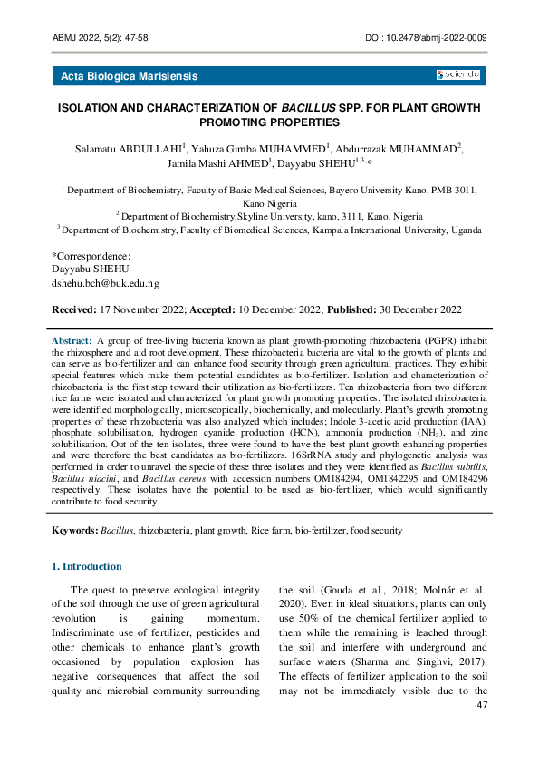 (PDF) Isolation and Characterization of Bacillus Spp. for Plant Growth ...
