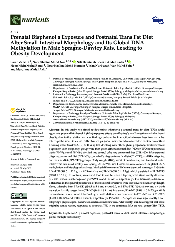 (PDF) Prenatal Bisphenol a Exposure and Postnatal Trans Fat Diet Alter ...