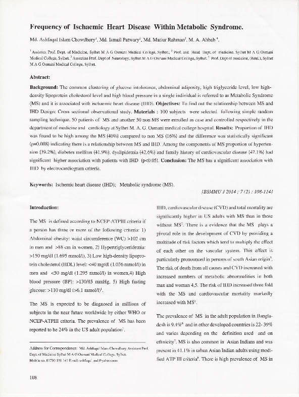 (PDF) Frequency of ischemic heart disease within metabolic syndrome