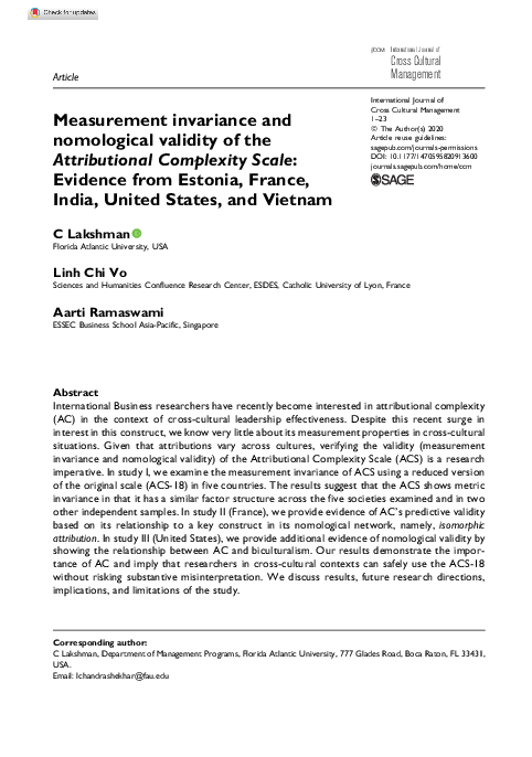 (PDF) Measurement invariance and nomological validity of the ...