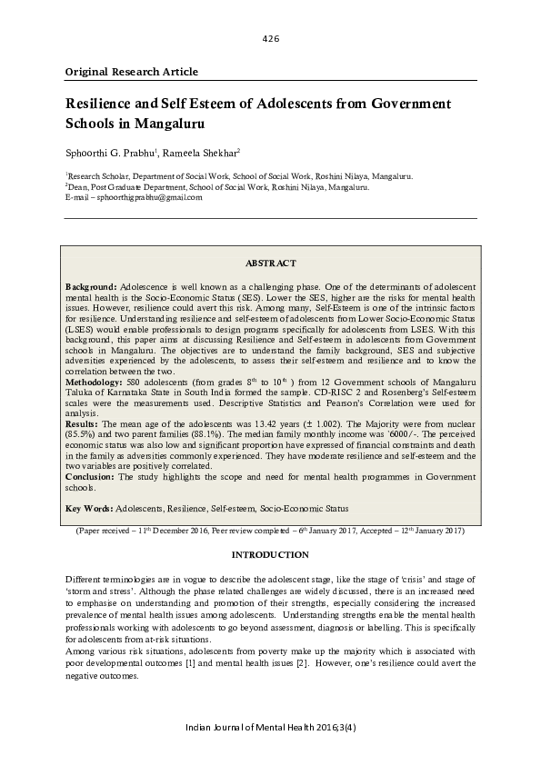 (PDF) Resilience And Self Esteem Of Adolescents From Government Schools ...