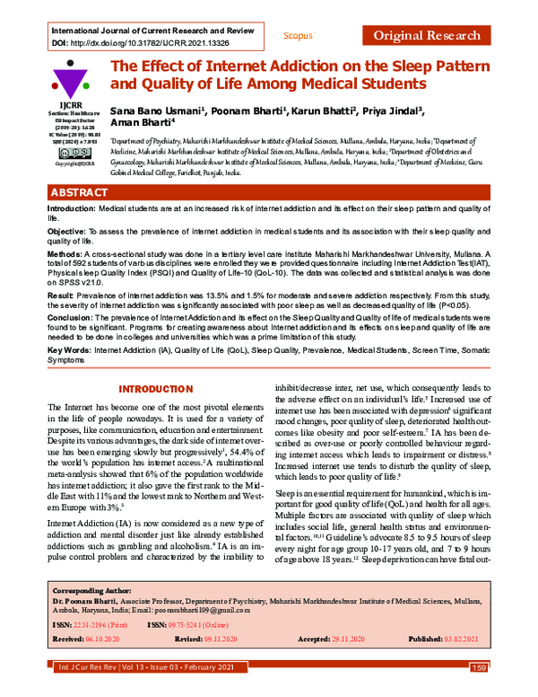 (PDF) The Effect of Internet Addiction on the Sleep Pattern and Quality ...