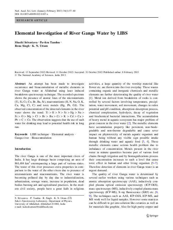 (PDF) Elemental Investigation of River Ganga Water by LIBS