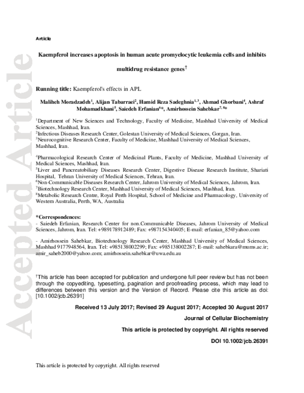Kaempferol increases apoptosis in human acute promyelocytic leukemia cells and inhibits multidrug resistance genes