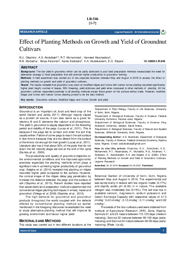 (PDF) Effect of Planting Methods on Growth and Yield of Groundnut Cultivars