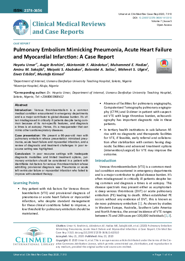 (PDF) Pulmonary Embolism Mimicking Pneumonia, Acute Heart Failure and ...