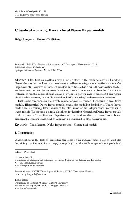 (PDF) Classification using Hierarchical Naïve Bayes models
