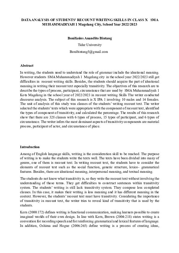 (PDF) DATA ANALYSIS OF STUDENTS' RECOUNT WRITING SKILLS IN CLASS X SMA ...