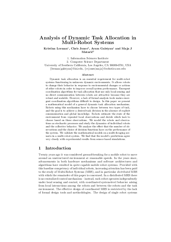 (PDF) Analysis of Dynamic Task Allocation in Multi-Robot Systems
