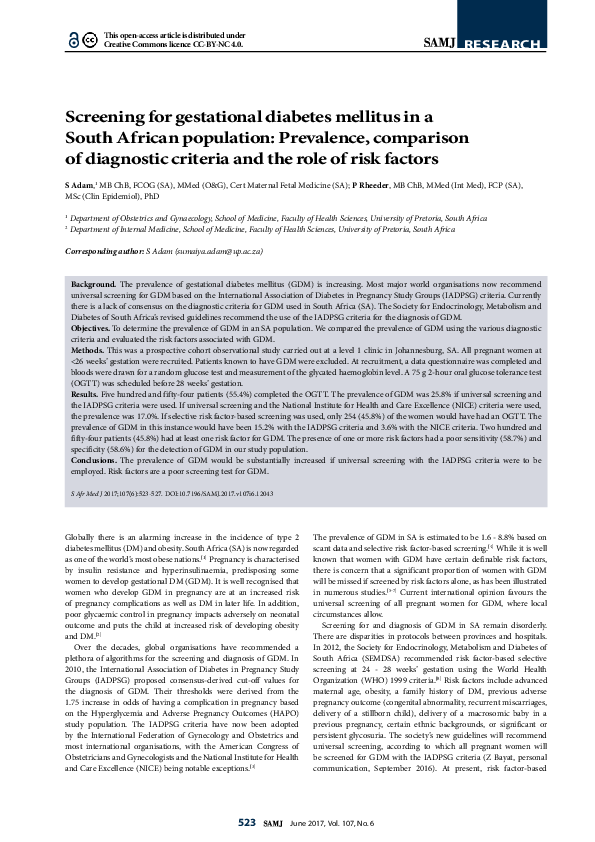 (PDF) Screening for gestational diabetes mellitus in a South African ...