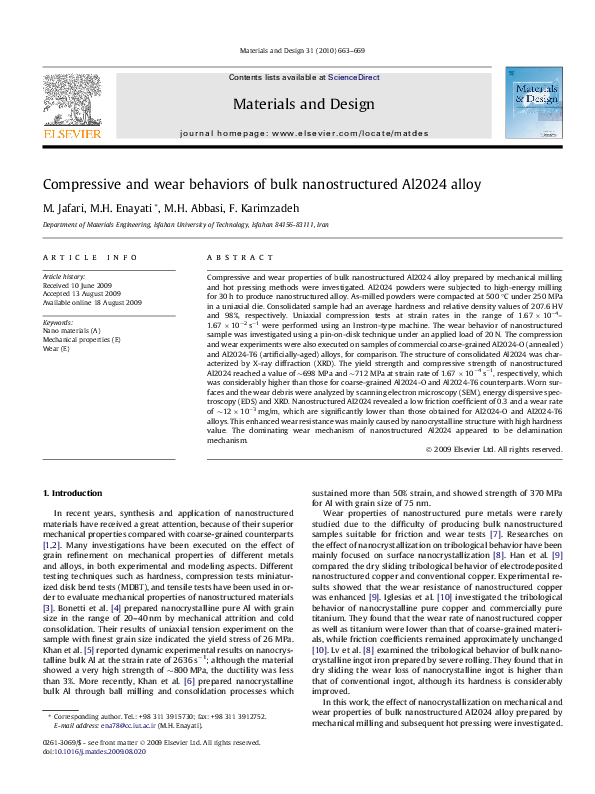 (PDF) Compressive and wear behaviors of bulk nanostructured Al2024 alloy
