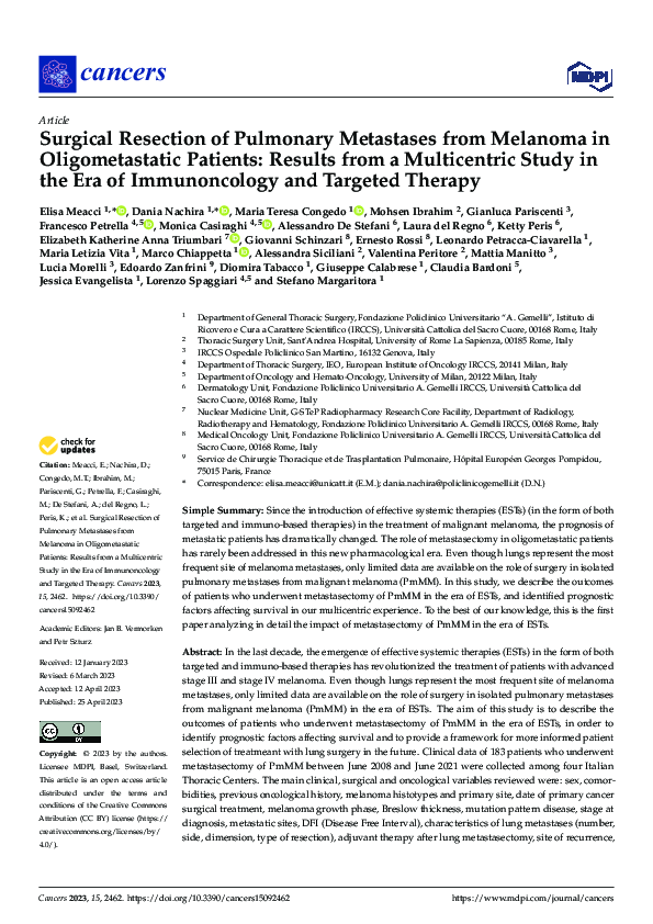 (PDF) Surgical Resection of Pulmonary Metastases from Melanoma in ...
