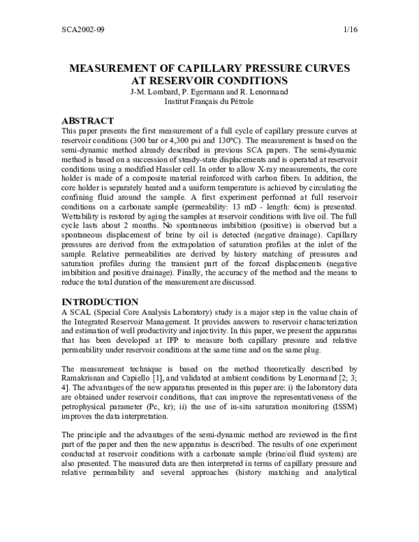 (PDF) Measurement of Capillary Pressure Curves at Reservoir Conditions