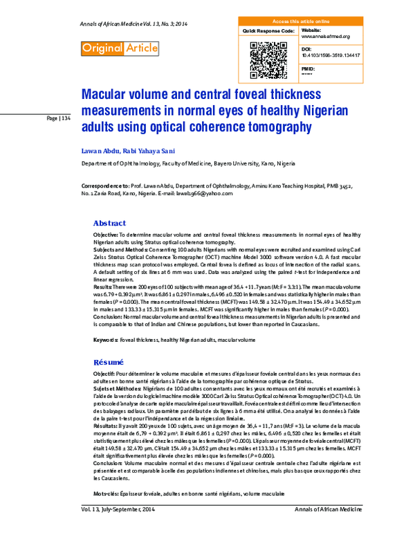 (PDF) Macular volume and central foveal thickness measurements in ...