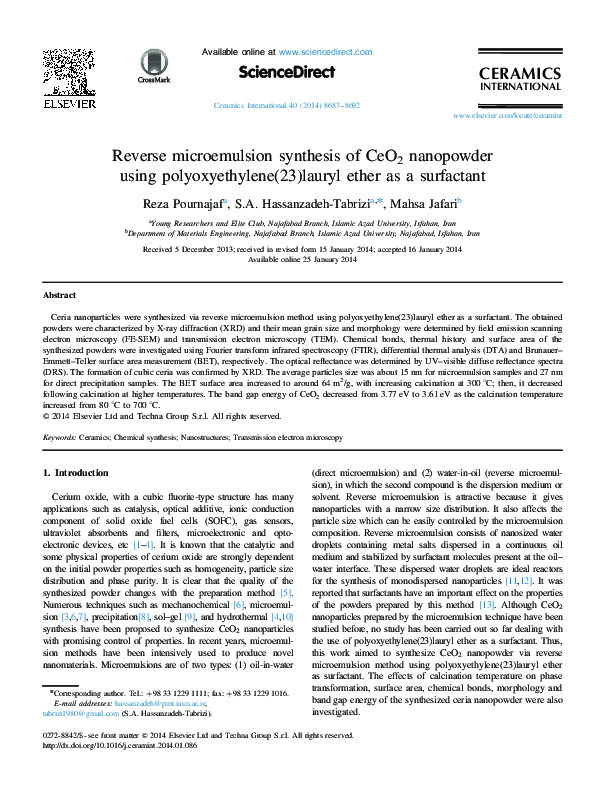 (PDF) Reverse microemulsion synthesis of CeO2 nanopowder using ...