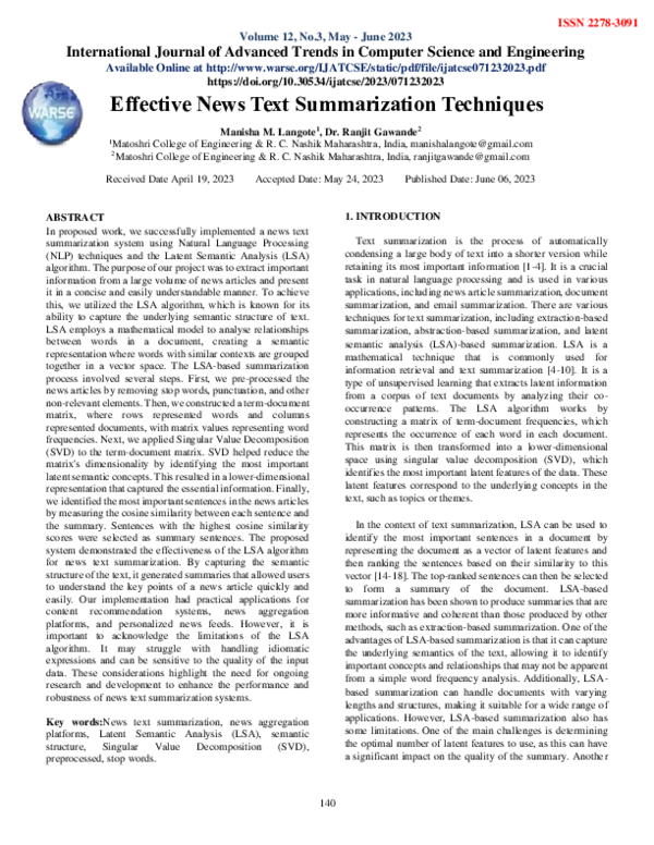 (PDF) Effective News Text Summarization Techniques