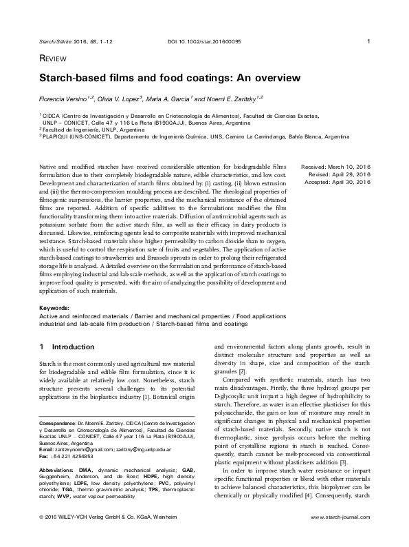 (PDF) Starchbased films and food coatings An overview Florencia