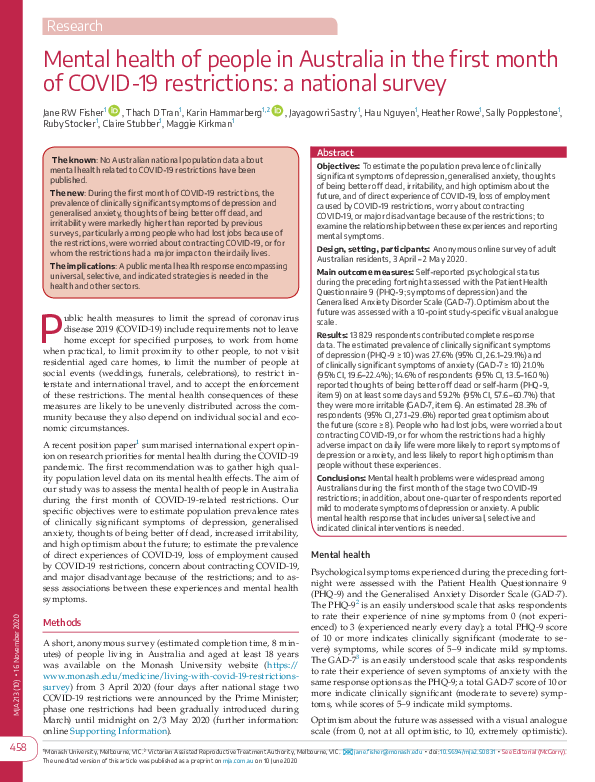 (PDF) Mental health of people in Australia in the first month of COVID ...