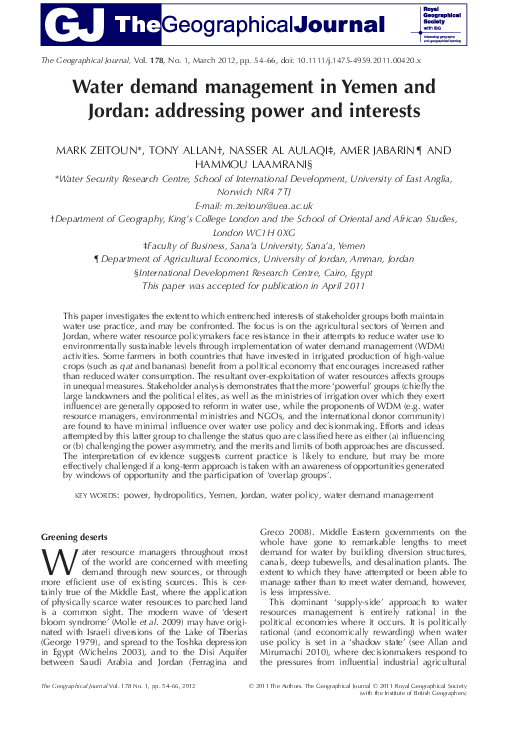 (PDF) Water demand management in Yemen and Jordan addressing power and