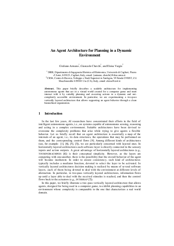 (PDF) An Agent Architecture for Planning in a Dynamic Environment